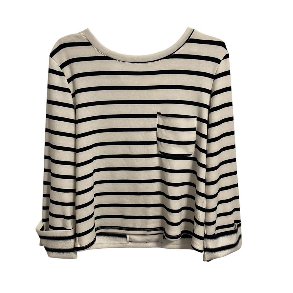 Antro Bishop & Young Blue White Fleece Striped Pocket Lace Up Back Tee‎ M